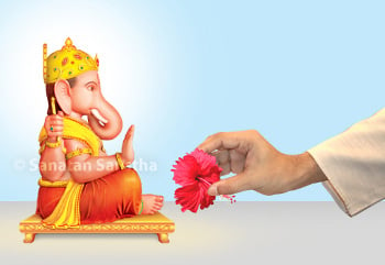 Offering red flower to Shri Ganapati