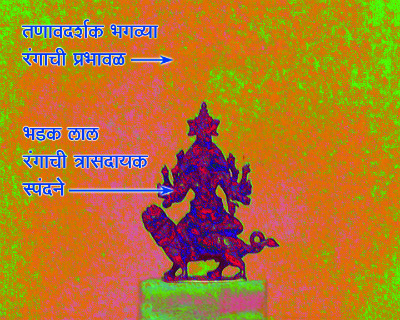 मूर्तीवर पसरलेला त्रासदायक लाल रंग आणि मूर्तीभोवती असलेली<br />तणावदर्शक भगव्या रंगाची प्रभावळ यांमुळे त्रासदायक असणारी तांत्रिक गणेशमूर्ती !